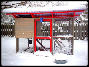 Snow covered chicken coop from plans.