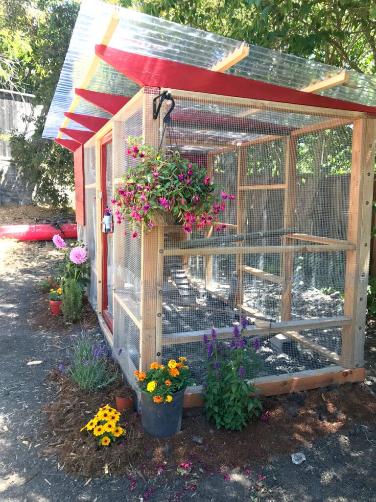 Brightly colored flowers and hanging plants bloom around a backyard chicken coop built using The Garden Coop plans